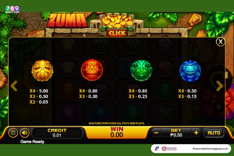 Zuma symbols and paytable 1