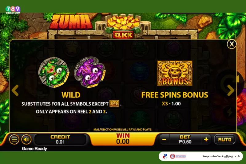 Zuma wild and free spins bonus symbols