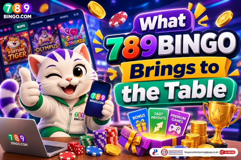 789BINGO promotional banner featuring the 789BINGO mascot giving a thumbs-up while holding a smartphone. The banner displays the title 'What 789BINGO Brings to the Table' against a vibrant casino-themed background with slot games, casino chips, coins, a trophy, gift box, and bonus cards highlighting fast payouts, premium games, and rewards.