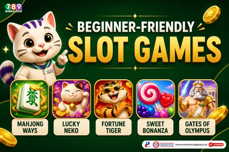789bingo, 789 cat mascot, mahjong ways, lucky neko, fortune tiger, sweet bonanza, gates of olympus, beginner friendly slot games