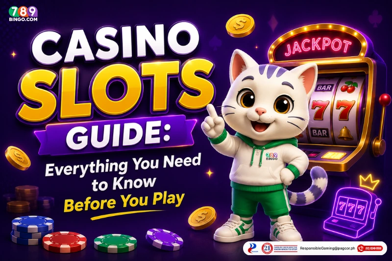 789bingo, cat smiling while pointing up, 777 slot machine, poker chips, casino slots guide