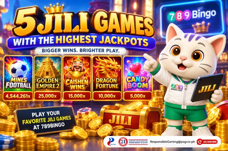 Top 5 JILI Games with the highest jackpots featuring Mines Football, Golden Empire 2, Caishen Wins, Dragon Fortune, and Candy Boom.