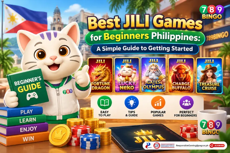 789Bingo cat mascot holding a beginner’s guide beside colorful JILI games, casino chips, coins, and beginner gaming tips in the Philippines.