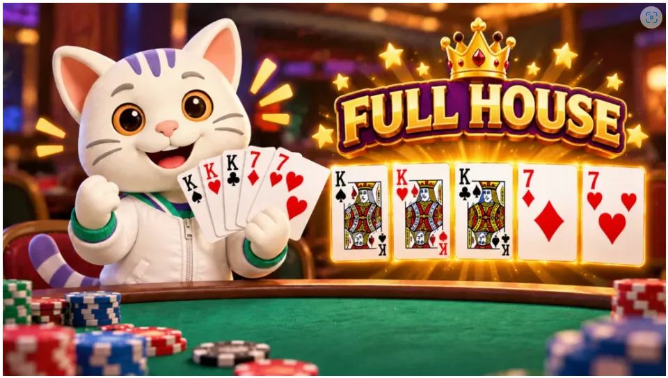 789Bingo, Full House, Cat holding a card, Poker Chips