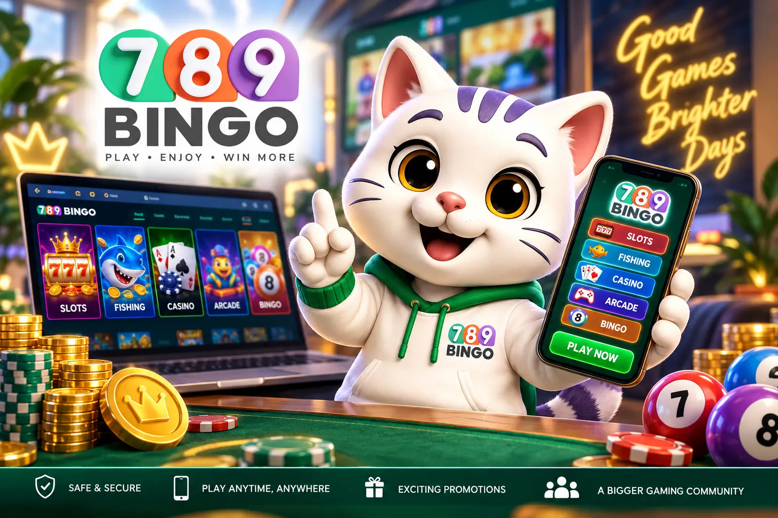 789Bingo mascot holding a smartphone beside a laptop displaying slots, fishing, casino, arcade, and bingo games with colorful casino chips and coins.