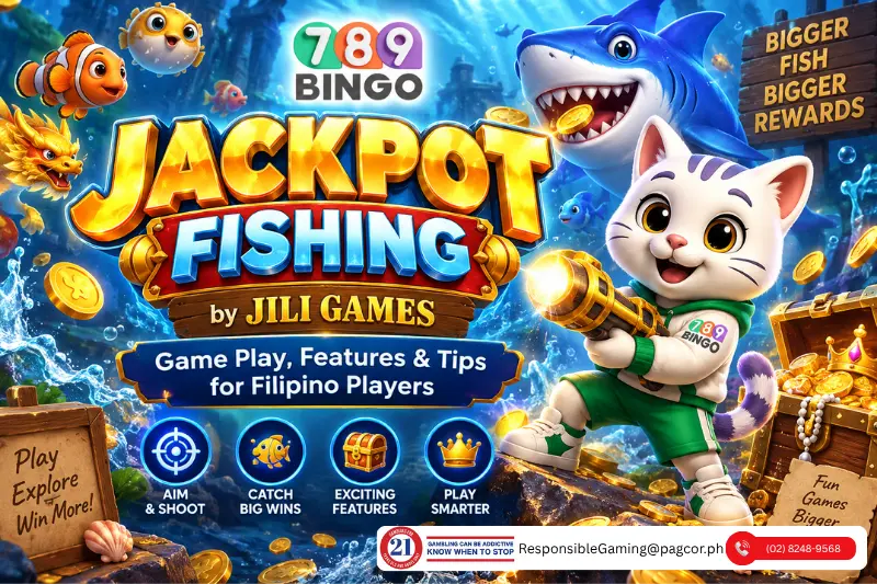 789Bingo Jackpot Fishing by JILI Games banner featuring the 789Bingo cat mascot, colorful underwater fish, treasure, gold coins, and gameplay features and tips for Filipino players.