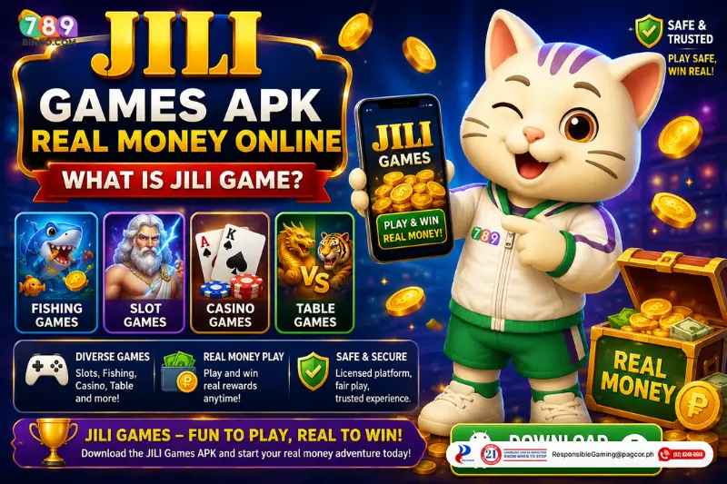 JILI Games APK real money online banner featuring the 789Bingo cat mascot holding a smartphone, with fishing, slot, casino, and table game graphics.