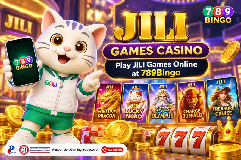 789Bingo cat mascot promoting JILI Games Casino with colorful JILI online games, slot reels, casino chips, and gold coins.
