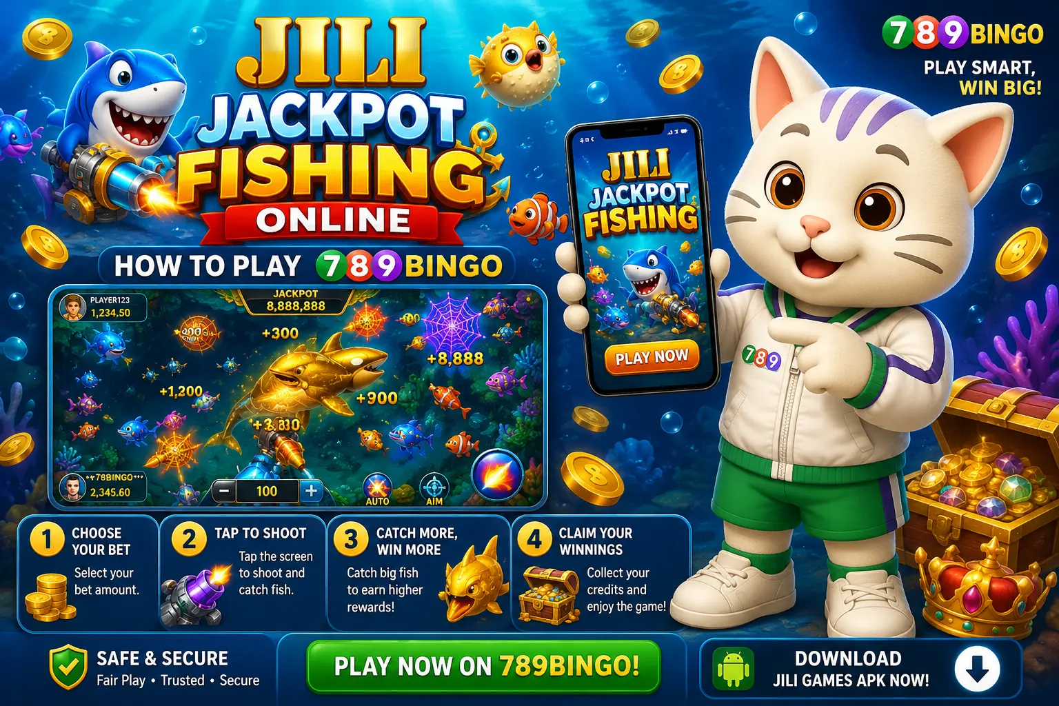 JILI Jackpot Fishing game Online gameplay guide featuring the 789Bingo cat mascot, underwater fishing action, betting steps, rewards, and mobile play.