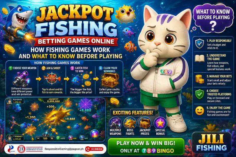 Jackpot Fishing betting games online infographic featuring the 789Bingo cat mascot in a thinking pose, with fishing gameplay, betting tips, and responsible play reminders.