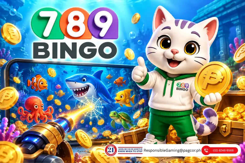 789Bingo cat mascot holding a peso coin beside a colorful underwater Jackpot Fishing game with fish, shark, coins, and cannon.