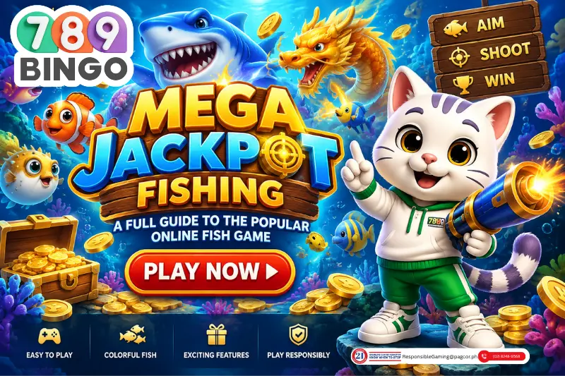 Mega Jackpot Fishing at 789Bingo featuring the cat mascot, shark, golden dragon, colorful fish, shooting cannon, coins, and Play Now button.
