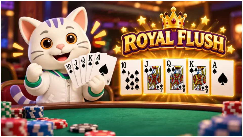 789Bingo, Royal Flush, Cat holding a card, Poker Chips