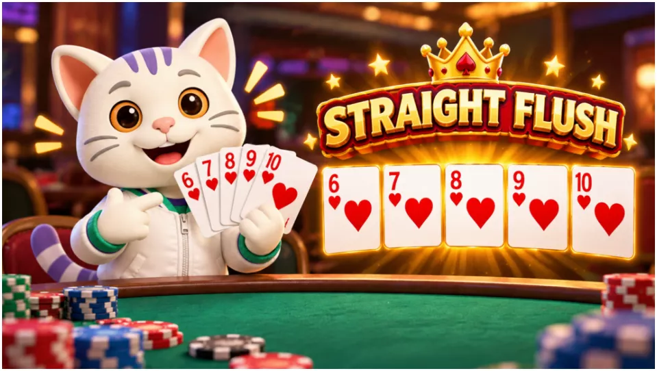 789Bingo, Straight Flush, Cat Holding a card, Poker Chips