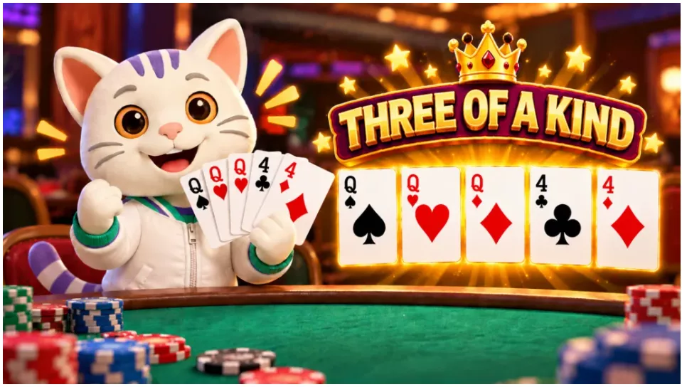 789Bingo, Cat holding a card, poker chips, Three of a kind
