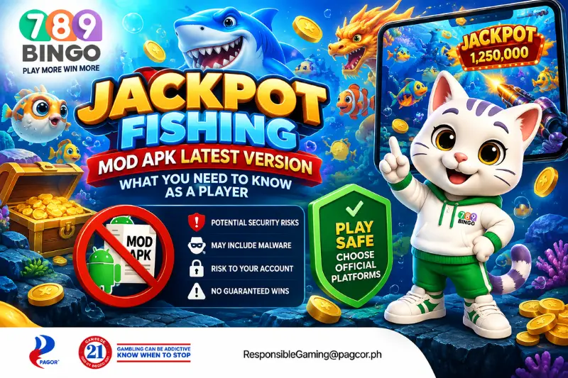 789Bingo Jackpot Fishing Mod APK safety banner featuring the cat mascot, shark, dragon, fish, jackpot screen, and warning to choose official platforms.