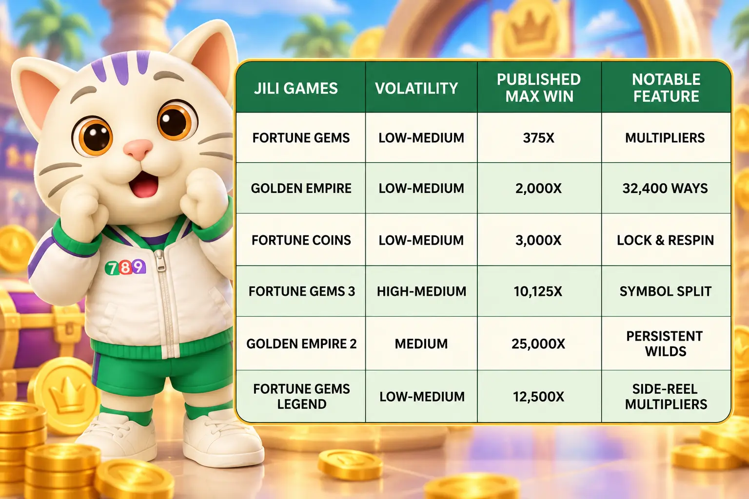JILI Games comparison chart showing volatility, published max wins, and notable features with the 789Bingo cat mascot.