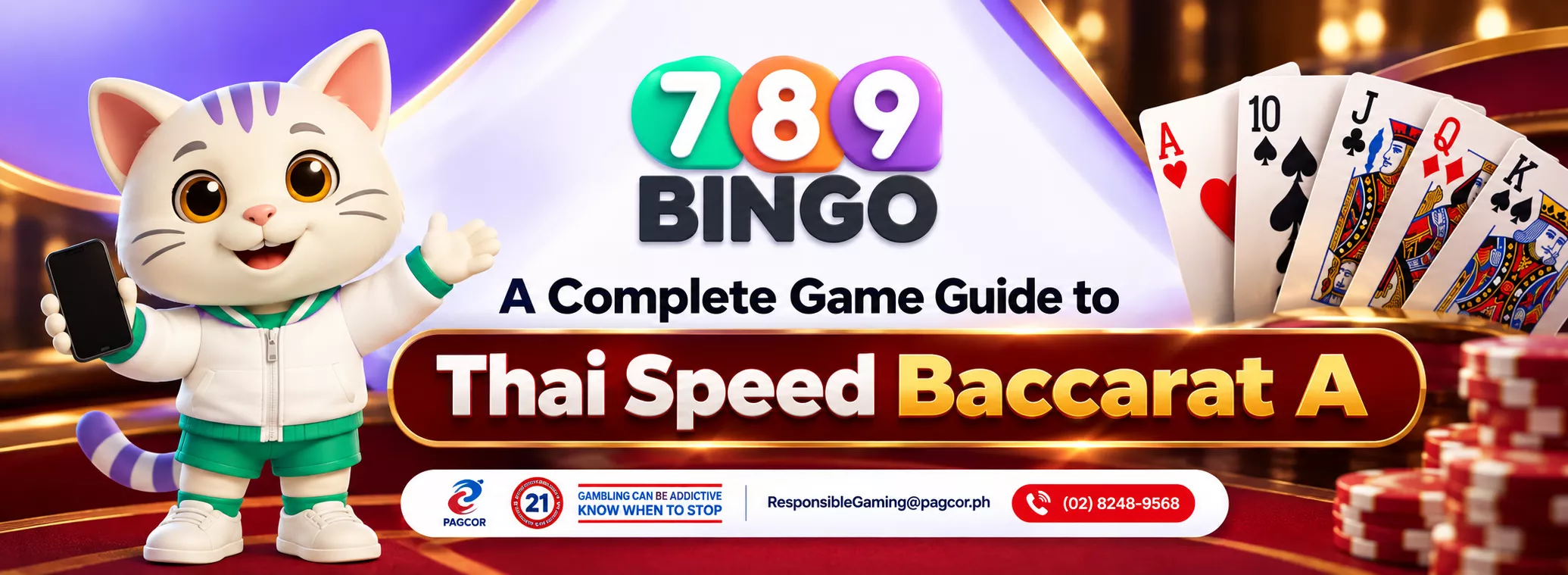 Cat holding a phone, 789Bingo, Casino cards, Poker Chips, Thai Speed Baccarat A