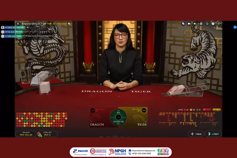 a live dealer on Emperor Dragon Tiger by Evolution at 789Bingo game interface