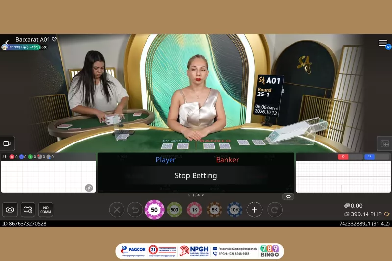 baccarat a01, sa gaming, female live dealer, female card deck shuffler, baccarat table, card decks, casino card game, player, banker, stop betting, , modern decoration, yellow black teal green and white background, pagcor, www.pagcor.ph/regulatory, npgh, national problem gambling helpline, npgh: (02) 8248-9568, ResponsibleGaming@pagcor.ph, 789bingo