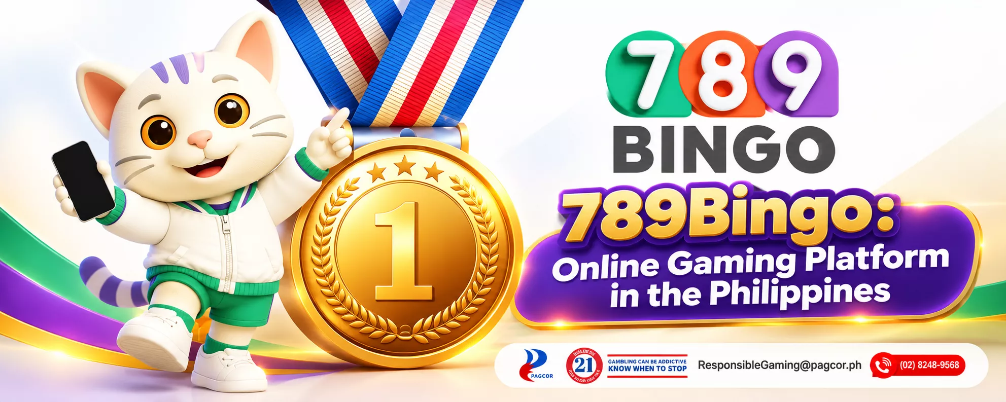 Online Gaming Platform, 789Bingo, Cat holding a phone, Gold Medal, PAGCOR