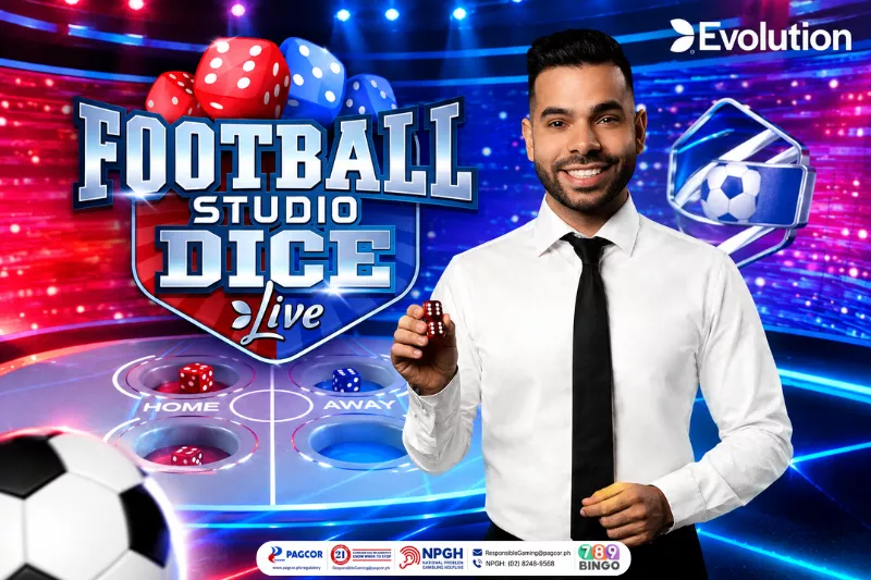 football studio dice, dice, football, soccer ball, casino dice game, evolution, evolution live, male host, football-themed, dice table game, blue and red background, pagcor, www.pagcor.ph/regulatory, npgh, national problem gambling helpline, npgh: (02) 8248-9568, ResponsibleGaming@pagcor.ph, 789bingo