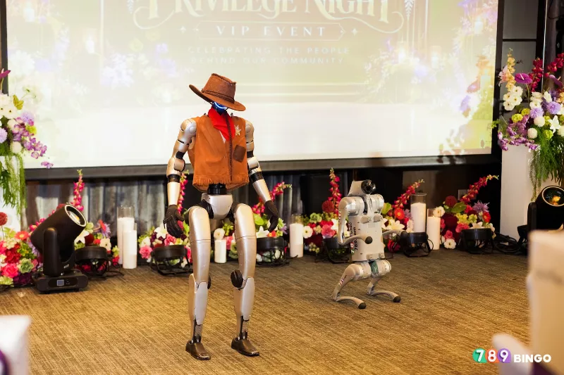 789Bingo, Privilege Night, VIP Event, celebrating the people behind our community, candles, flowers, spotlights, projector screen, humanoid robot, cowboy outfit, robot dog