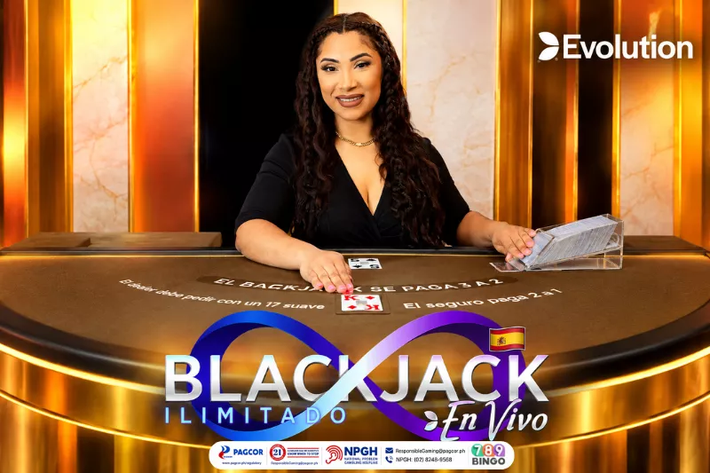 infinite blackjack, blackjack, casino card game, evolution, evolution live, female dealer, blackjack table, spain flag, spanish, blackjack ilimitado, en vivo, black and gold background, pagcor, www.pagcor.ph/regulatory, npgh, national problem gambling helpline, npgh: (02) 8248-9568, ResponsibleGaming@pagcor.ph, 789bingo