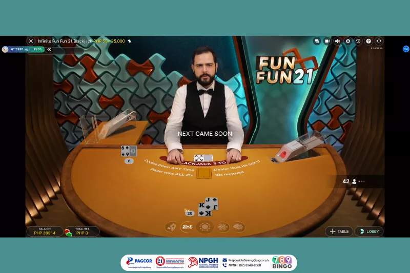 infinite fun fun 21 blackjack, fun fun 21, infinity, blackjack, card decks, casino card game, evolution, evolution live, male live dealer, blackjack table, blackjack rules, cyan and orange background, dim lights, pagcor, www.pagcor.ph/regulatory, npgh, national problem gambling helpline, npgh: (02) 8248-9568, ResponsibleGaming@pagcor.ph, 789bingo