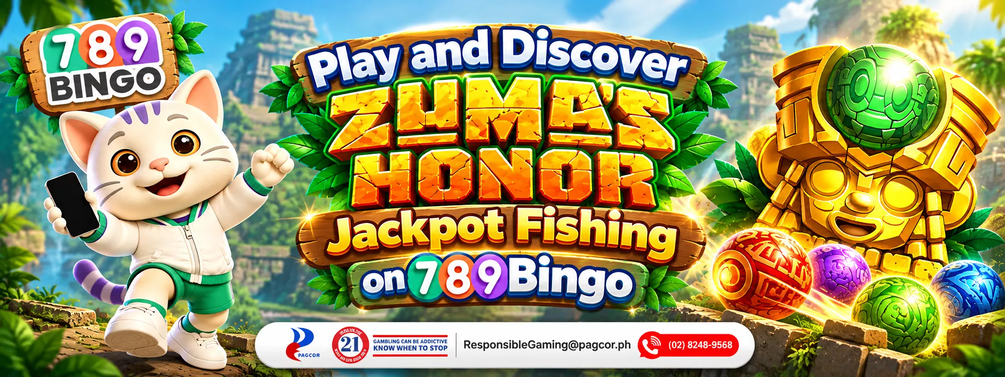 Zuma's Honor Jackpot Fishing, 789Bingo, Cat holding a phone, Gems Stones, Cat in a jungle