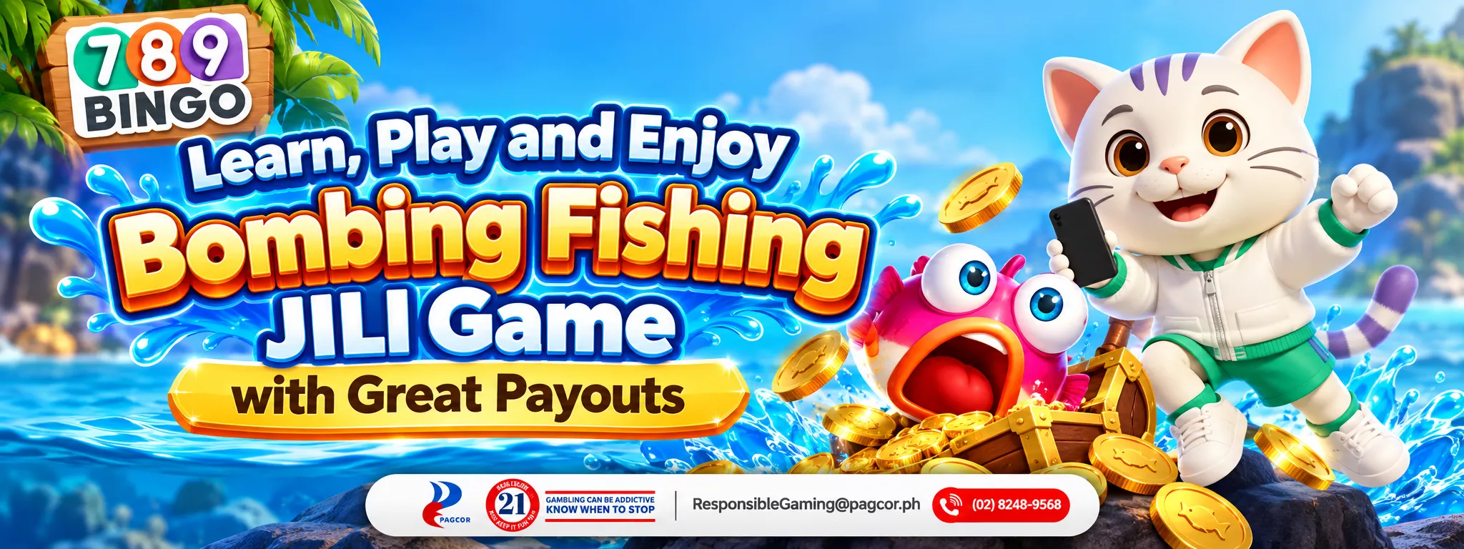 Bombing Fishing JILI, 789Bingo, Cat holding a phone, Coins