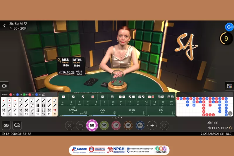 M Sic Bo, M Sic Bo game interface, Sic Bo, sa gaming, female live host, Sic Bo table, dice, casino dice game, 3d cube abstract background, green table, lights, green-gold-black background, pagcor, www.pagcor.ph/regulatory, npgh, national problem gambling helpline, npgh: (02) 8248-9568, ResponsibleGaming@pagcor.ph, 789bingo
