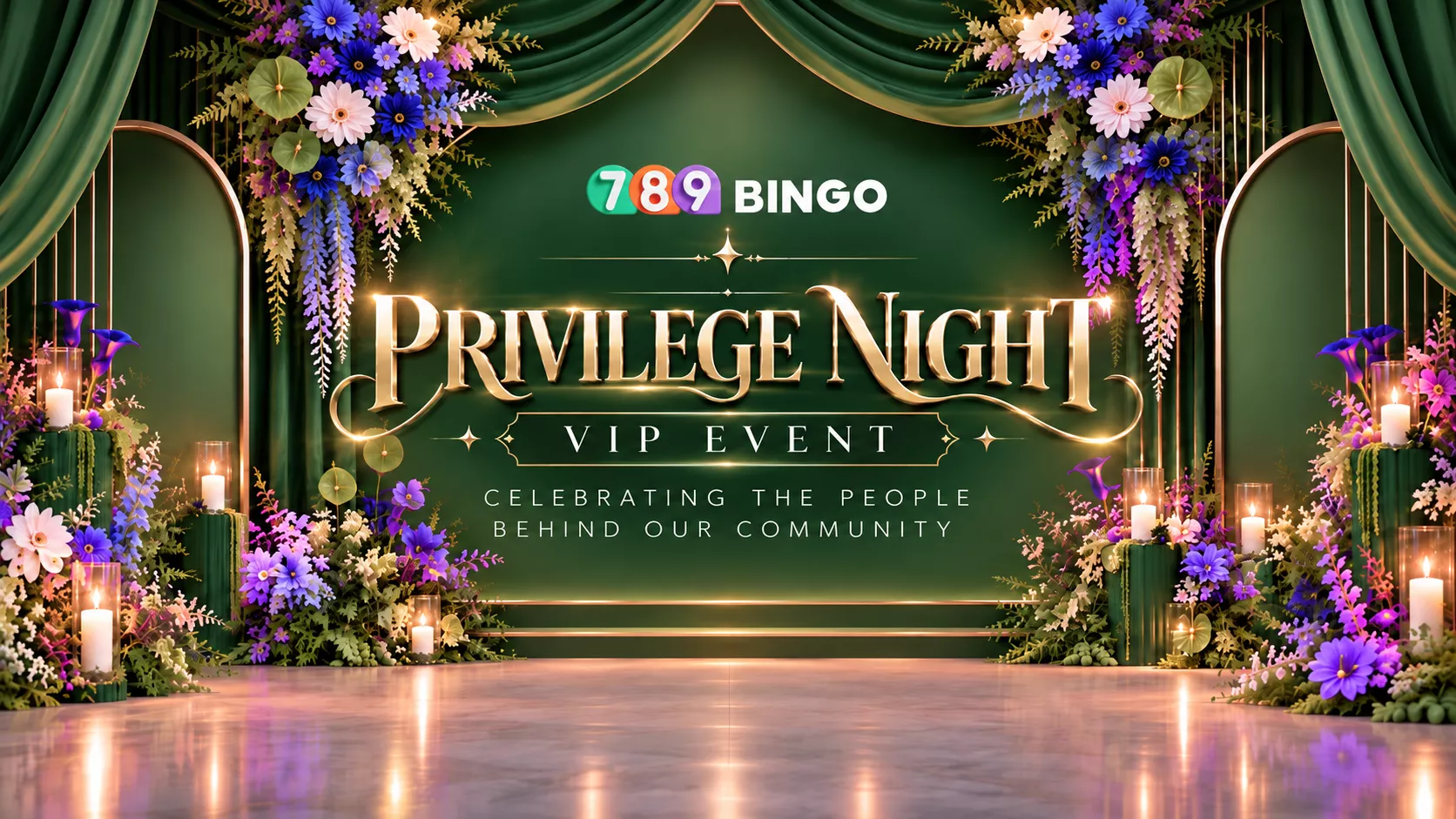 789Bingo VIP, 789Bingo, Privilege Night, VIP Event, celebrating the people behind our community, banquets, purple flower, pink flower, indigo flower, blue flower, violet flower, purple flower, green curtain, green and gold accent, lit candles