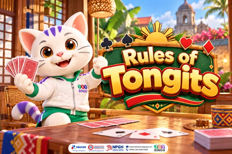 rules of tongits, cat mascot wearing 789Bingo jacket, Philippine flag sun, woven fabric, Philippine flag colors, casino card suit symbols, club, spade, heart, diamond, casino card deck, casino cards, northern Philippines, church bell tower, banana plant, pink flowers, hibiscus, Hispanic house, wooden furniture, cup, rattan furniture, window, old colonial house, casino chips, pagcor, www.pagcor.ph/regulatory, npgh, national problem gambling helpline, npgh: (02) 8248-9568, ResponsibleGaming@pagcor.ph, 789bingo