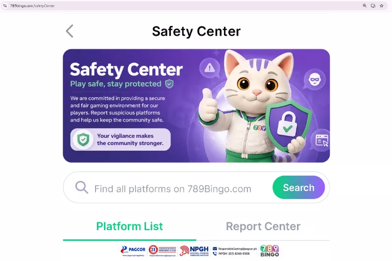 pogo, philippine offshore gaming operator, 789bingo safety center, safety center, play safe, stay protected, we are committed in providing a secure and fair gaming environment for our players, report suspicious platforms and help us keep the community safe, your vigilance makes the community stronger, find all platforms on 789bingo.com, search, platform list, report center, cat, lock icon, anonymous icon, warning icon, search icon, purple and white background, pagcor, www.pagcor.ph/regulatory, npgh, national problem gambling helpline, npgh: (02) 8248-9568, ResponsibleGaming@pagcor.ph, 789bingo