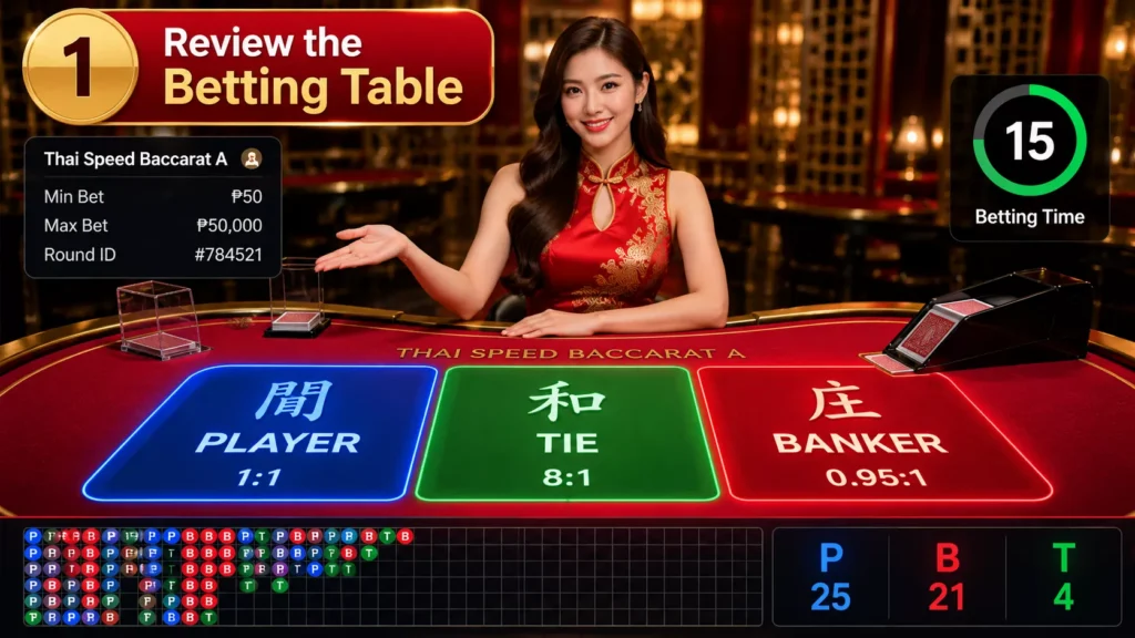 Live Casino, Baccarat Table, Thai Speed Baccarat A, Live Dealer, Casino Dealer