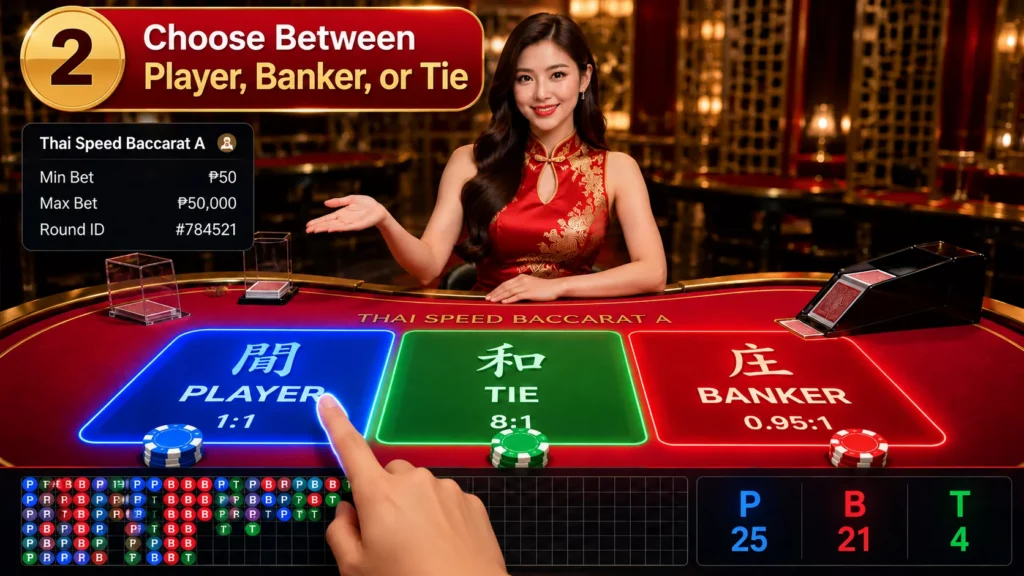 Player, Banker, Tie, 789Bingo, Live Casino Dealer, Poker Chips, Baccarat Table