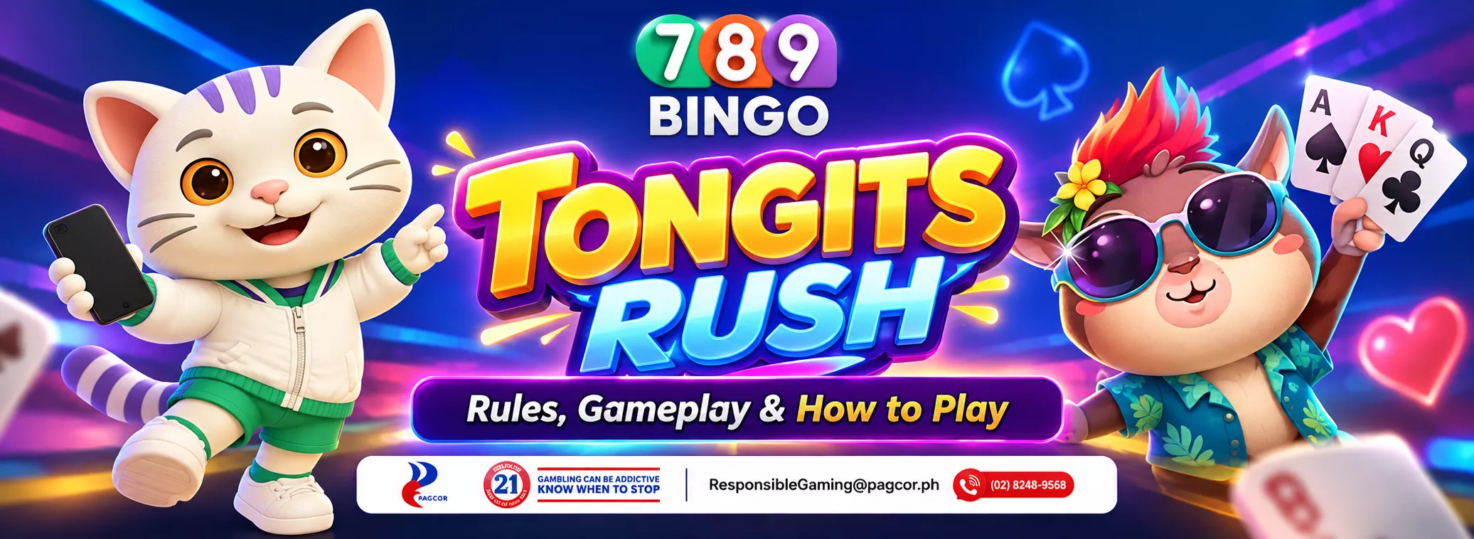 Tongits Rush, 789Bingo, Cat holding a phone, Tarsier holding cards