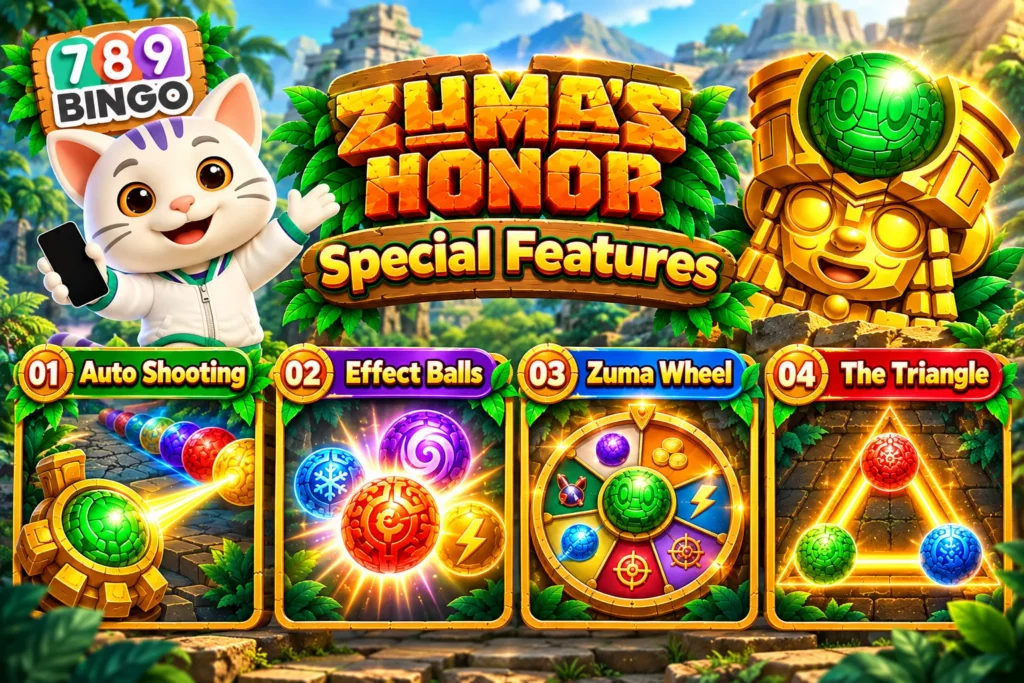 Zuma's Honor Jackpot Fishing, Gems, Cat holding a phone, Cat in a jungle, Special Features